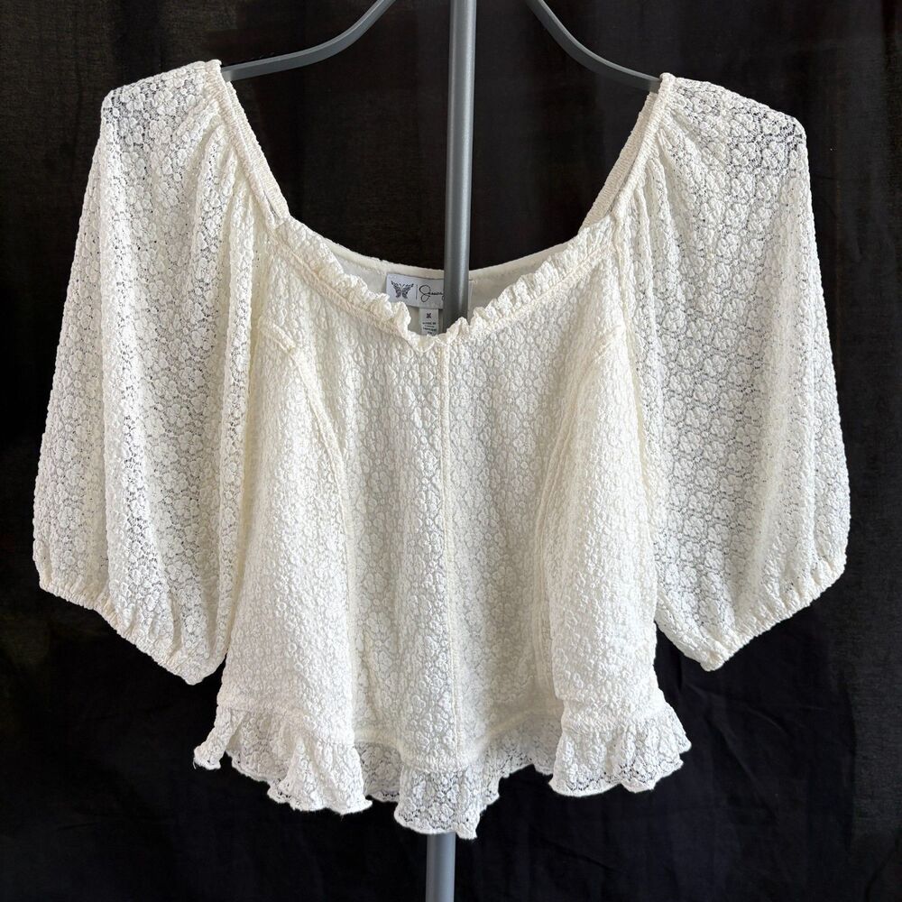 Jessica Simpson Verona Lace Puff Sleeve Top M Gardenia NWT Peplum Corset